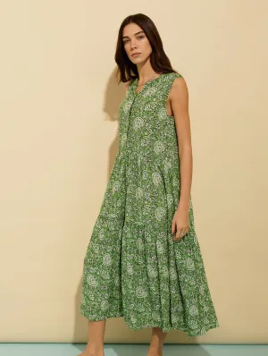 Annmarie LENZING™ ECOVERO™ Sleeveless Printed Dress | Green Woodblock Floral