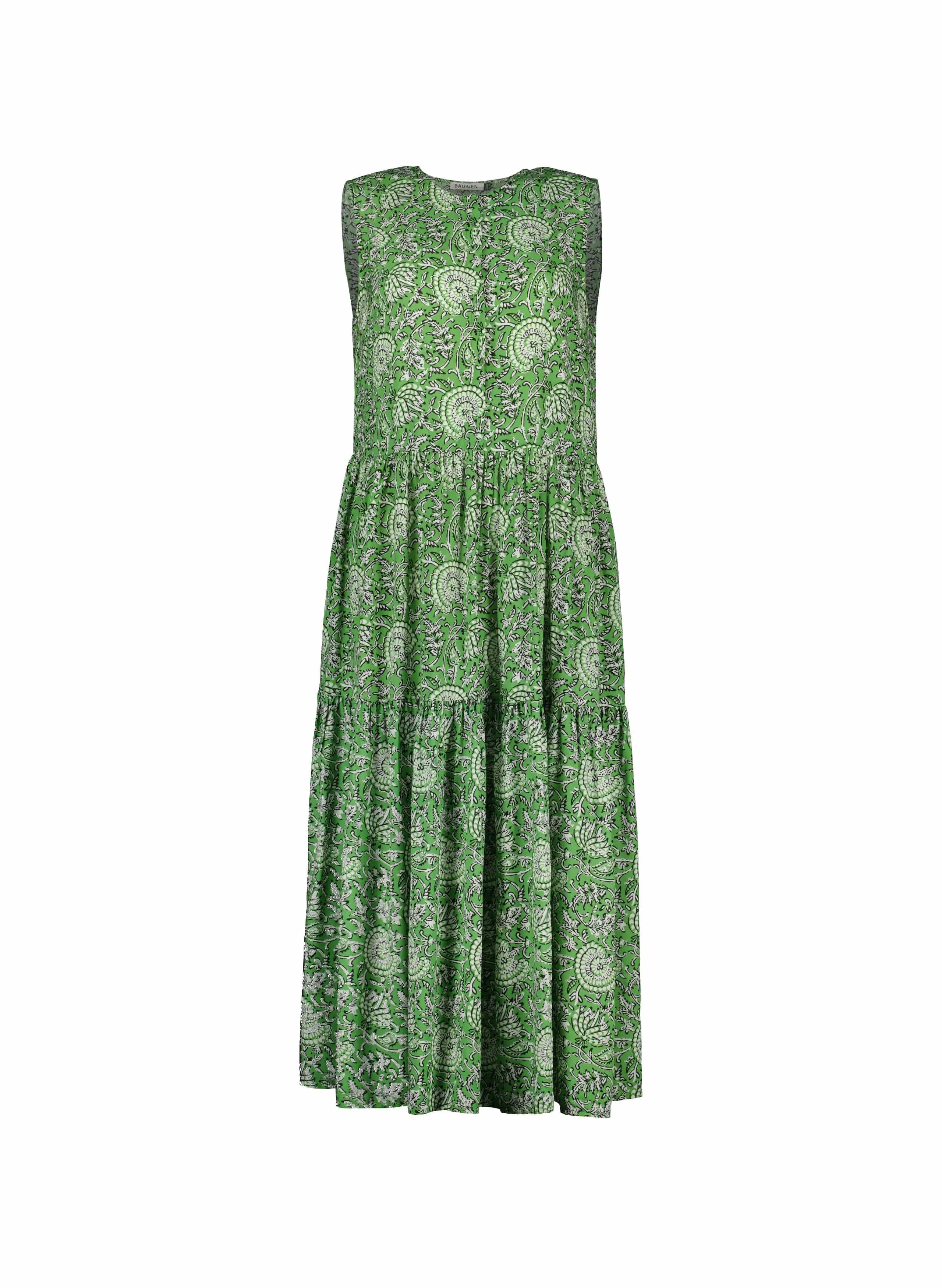 Annmarie LENZING™ ECOVERO™ Sleeveless Printed Dress | Green Woodblock Floral