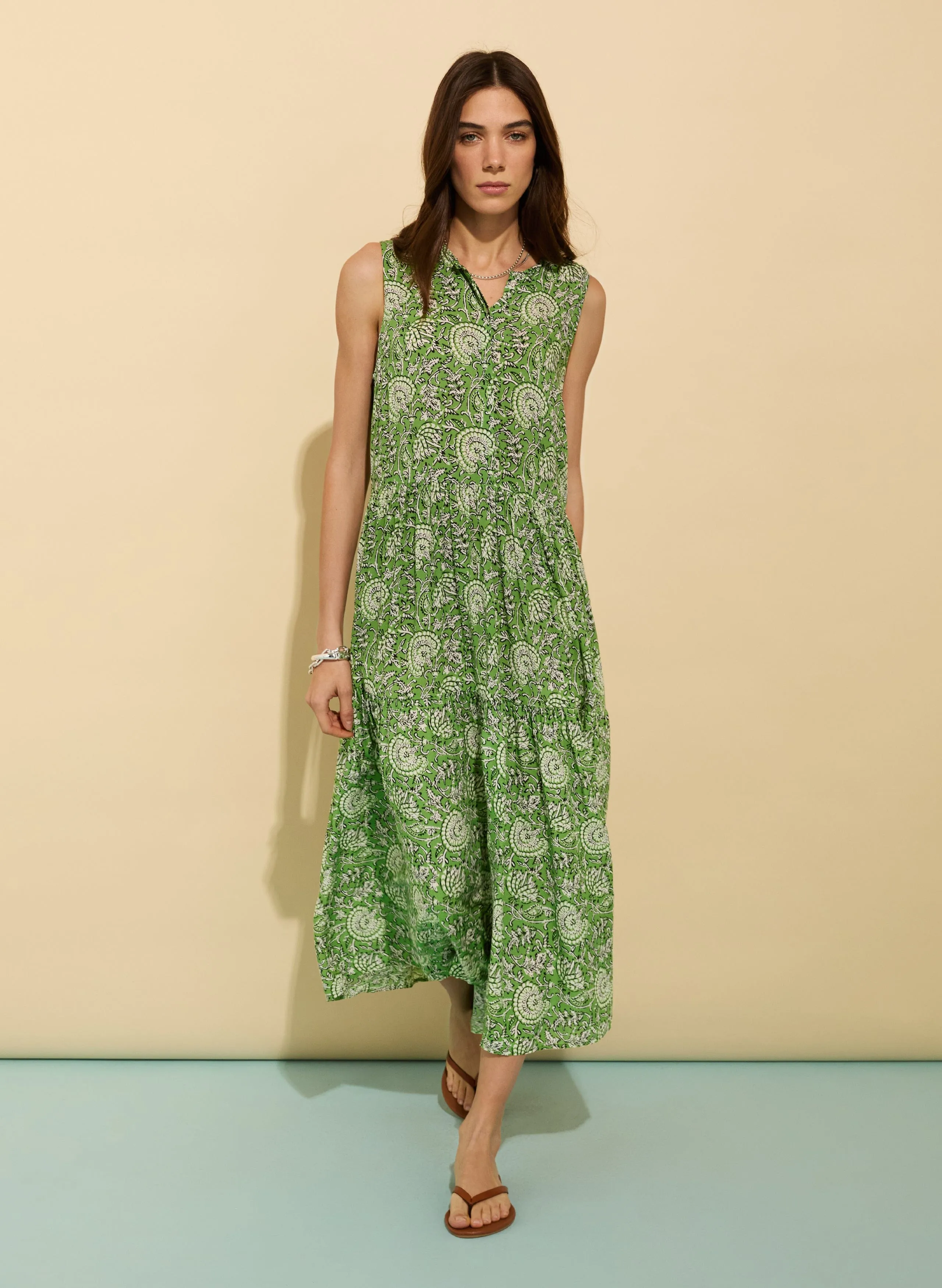Annmarie LENZING™ ECOVERO™ Sleeveless Printed Dress | Green Woodblock Floral