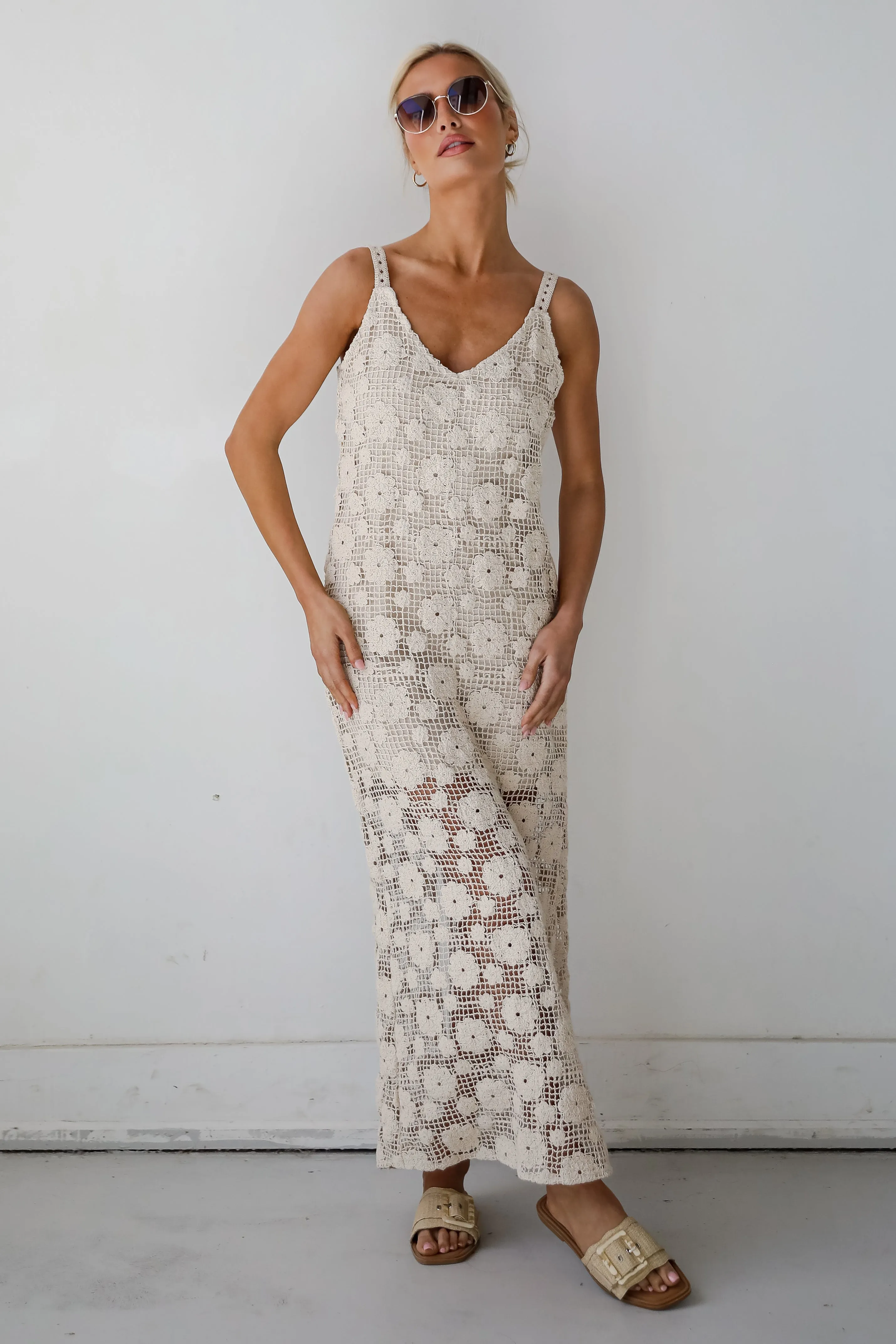 Breezy Demeanor Natural Floral Crochet Maxi Dress