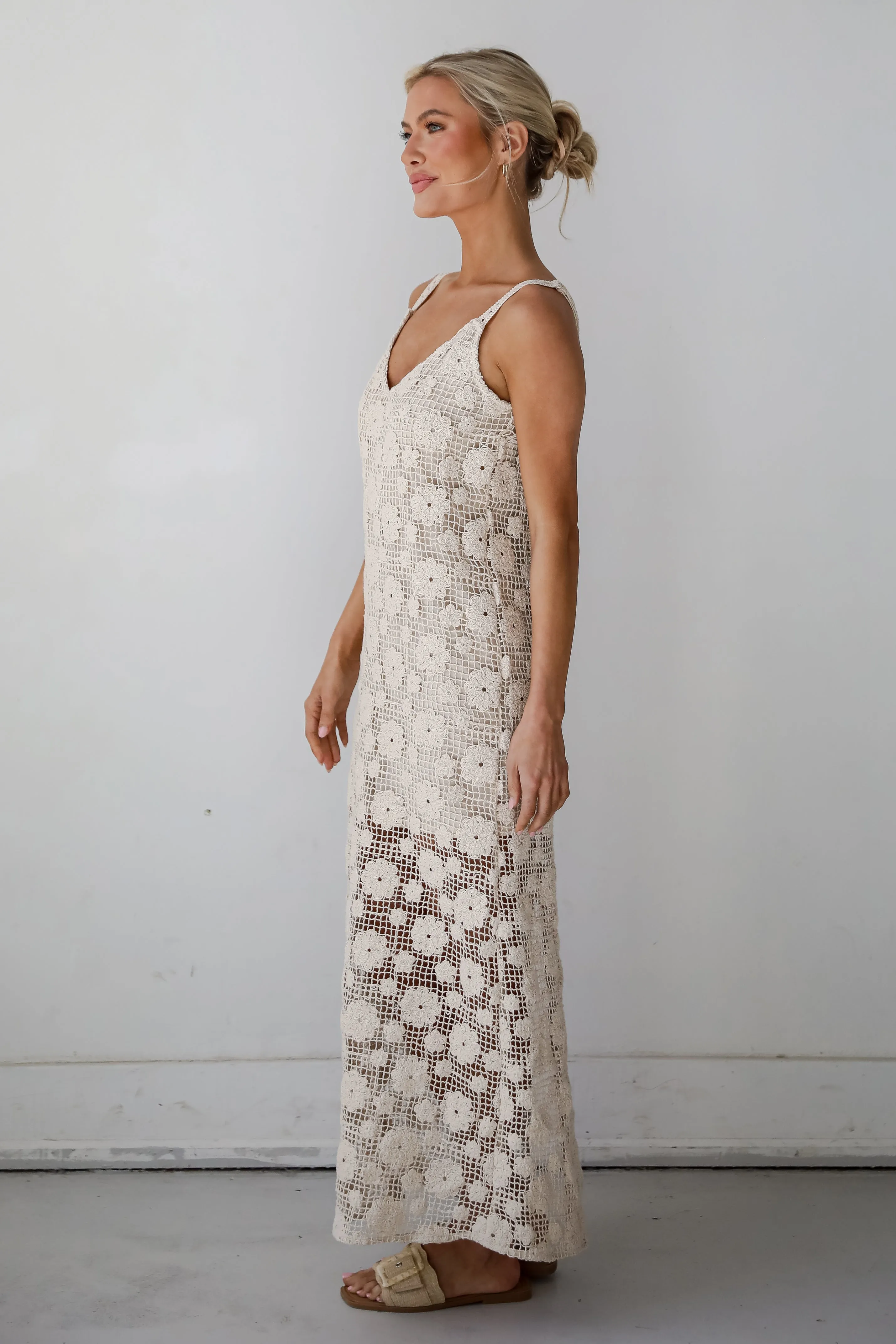 Breezy Demeanor Natural Floral Crochet Maxi Dress