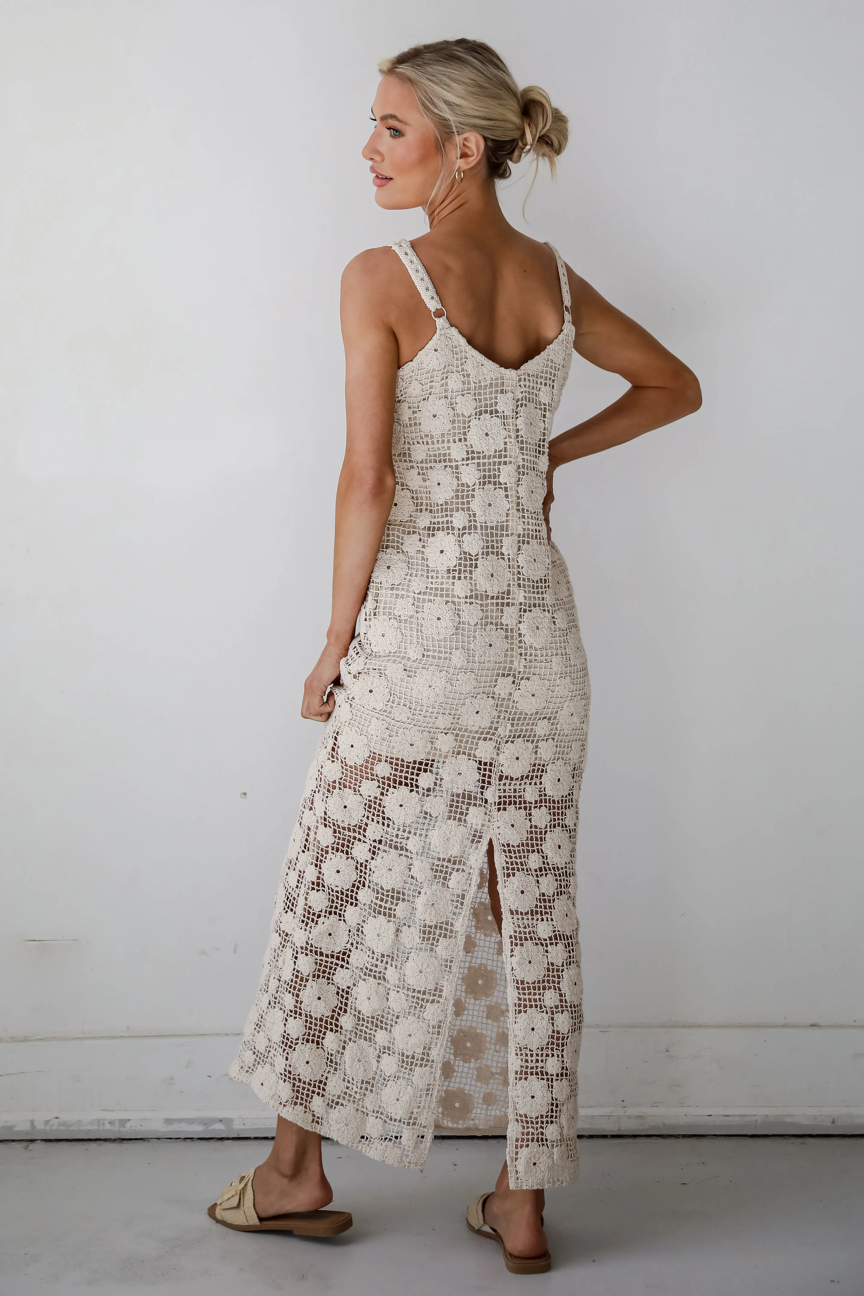 Breezy Demeanor Natural Floral Crochet Maxi Dress