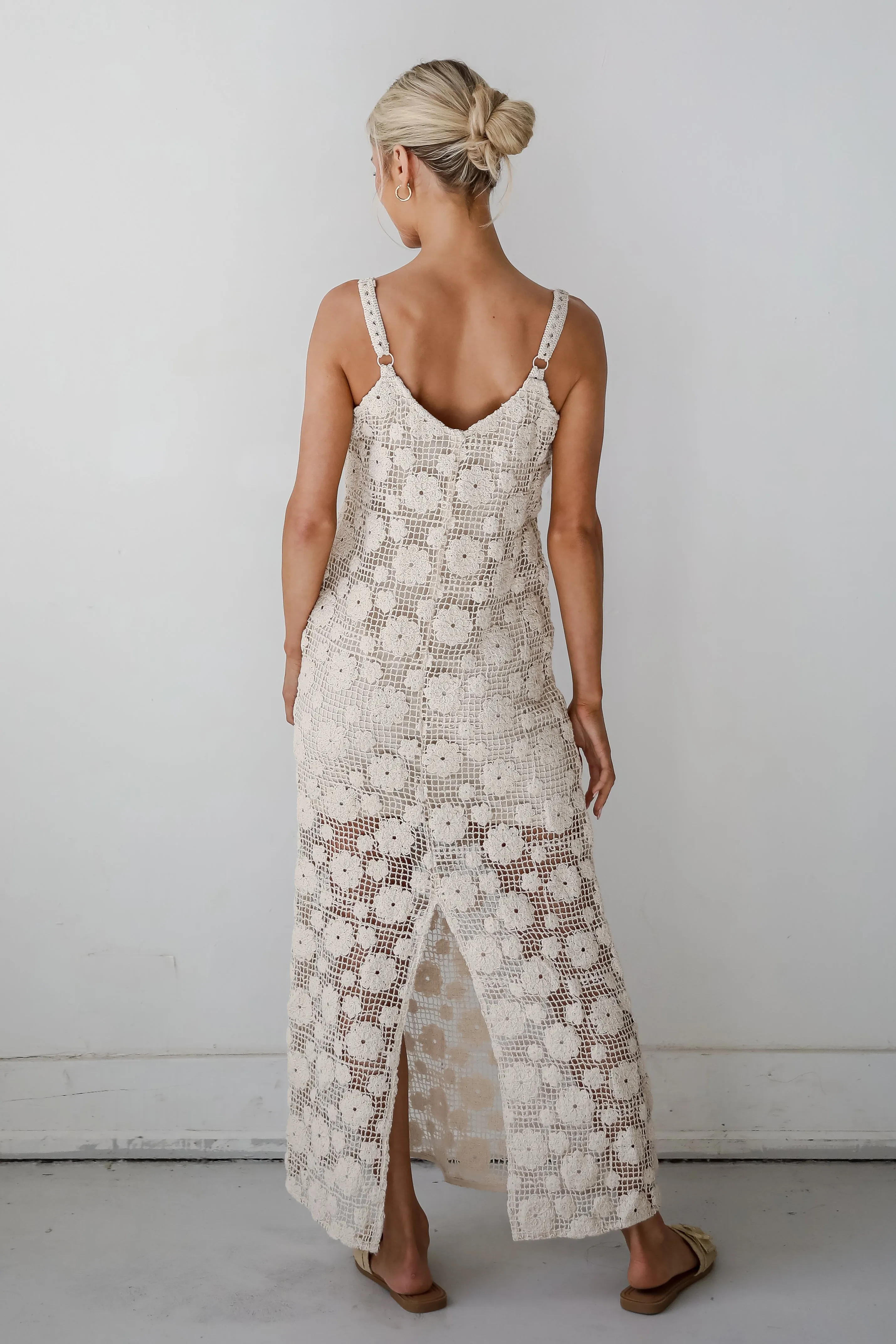 Breezy Demeanor Natural Floral Crochet Maxi Dress