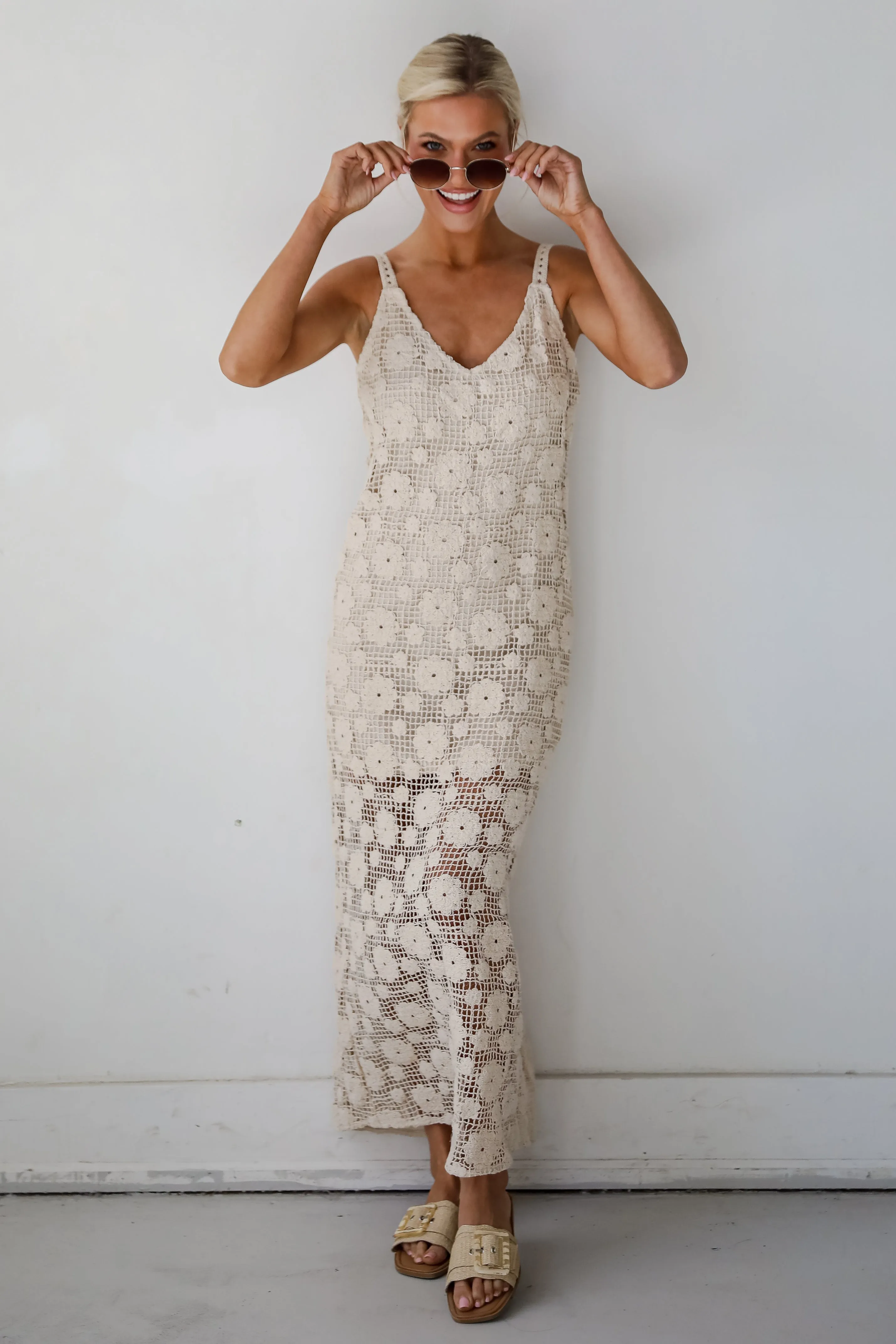 Breezy Demeanor Natural Floral Crochet Maxi Dress