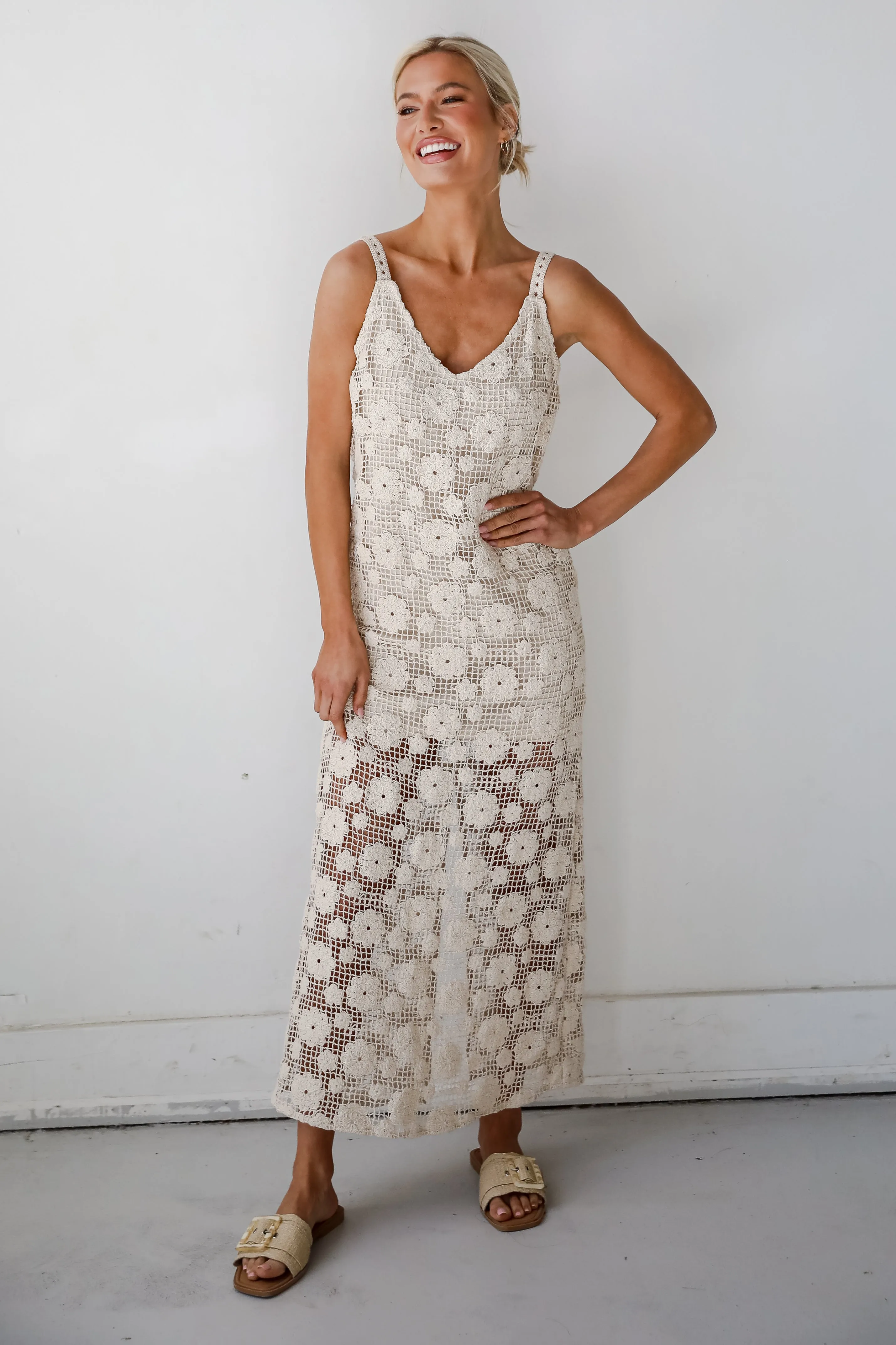 Breezy Demeanor Natural Floral Crochet Maxi Dress