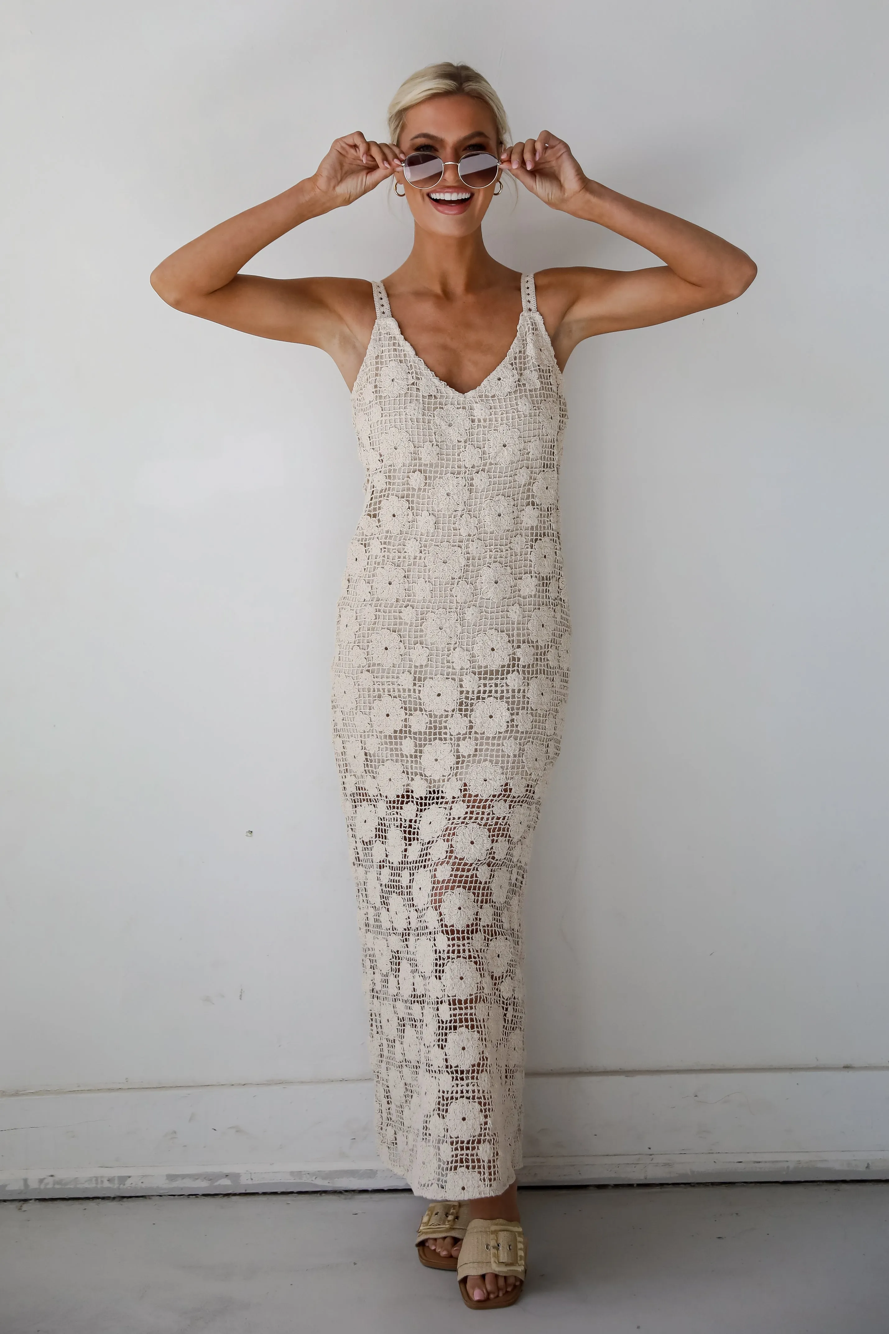 Breezy Demeanor Natural Floral Crochet Maxi Dress