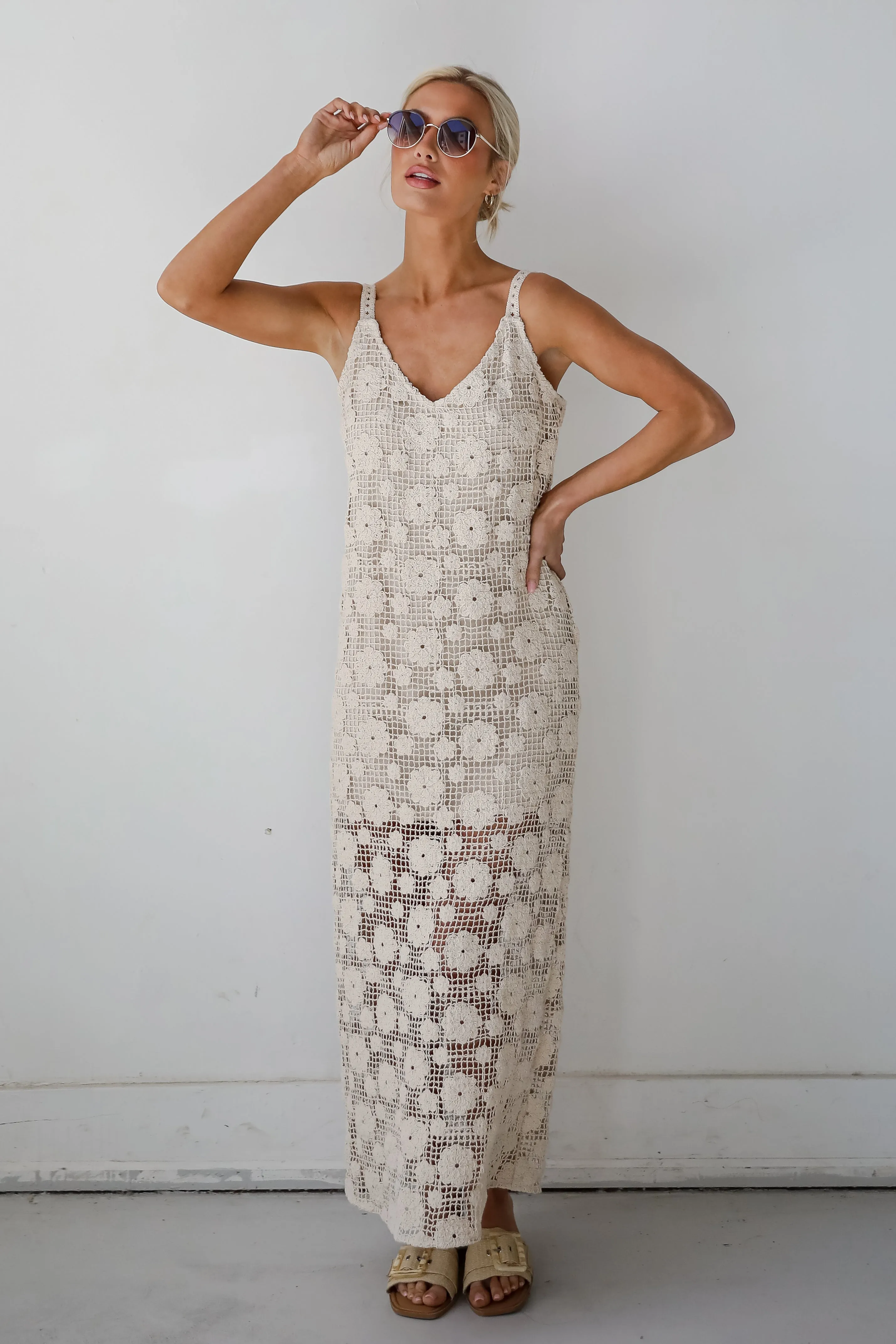 Breezy Demeanor Natural Floral Crochet Maxi Dress