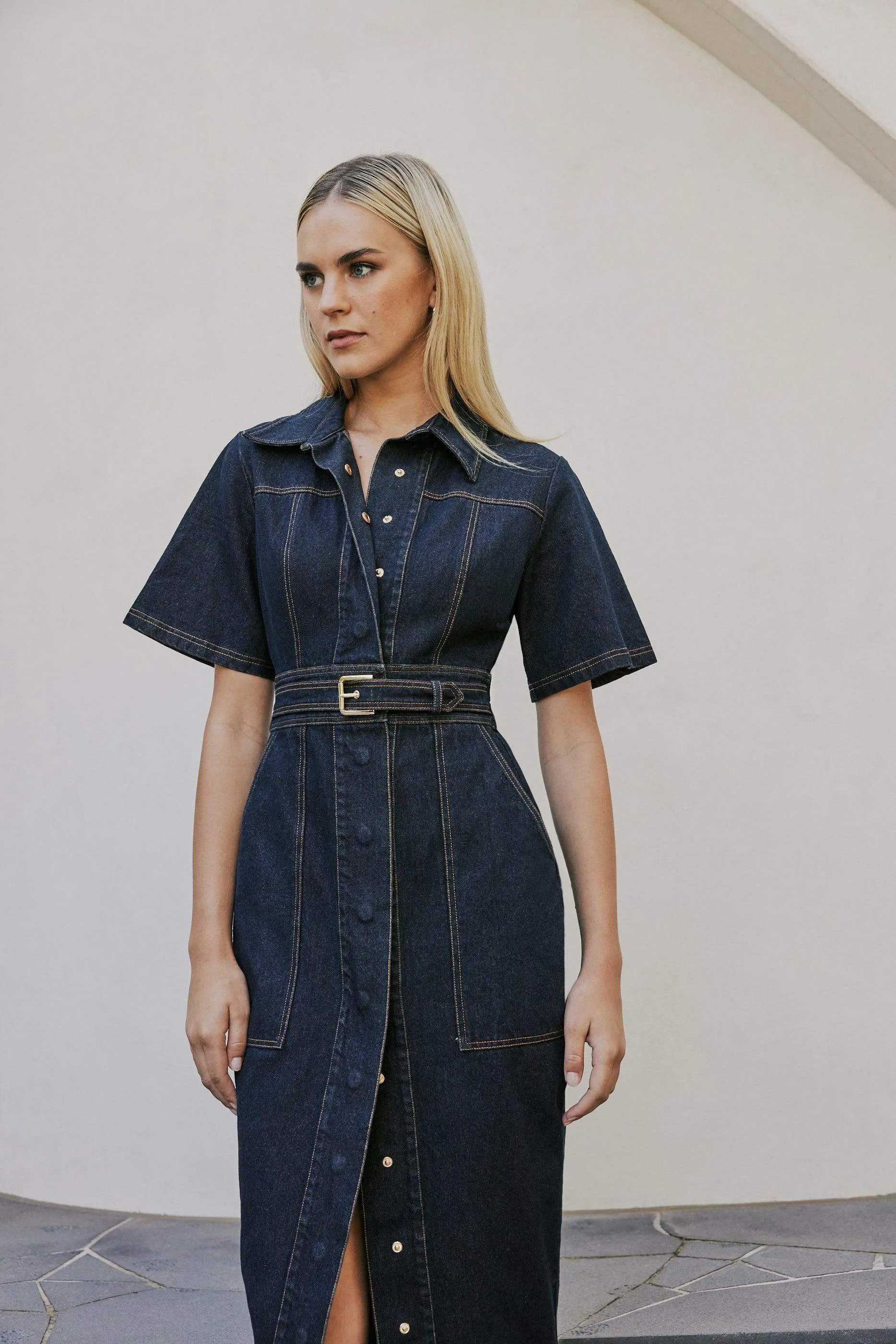 CURAAE Elysia Midi Shirt Belt Denim Dress