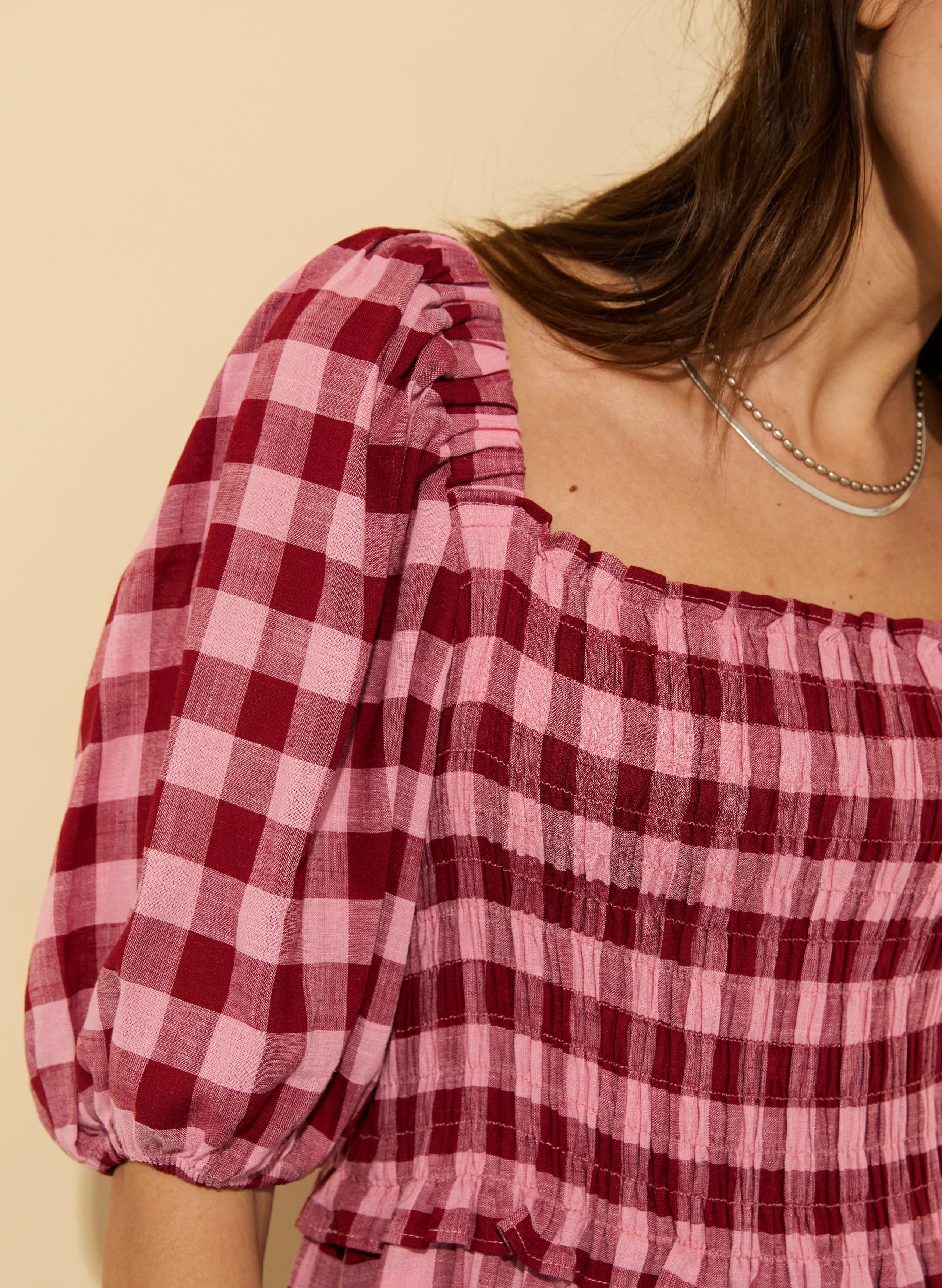 Davina Viscose & Linen Gingham Midi Dress | Pink & Burgundy Gingham