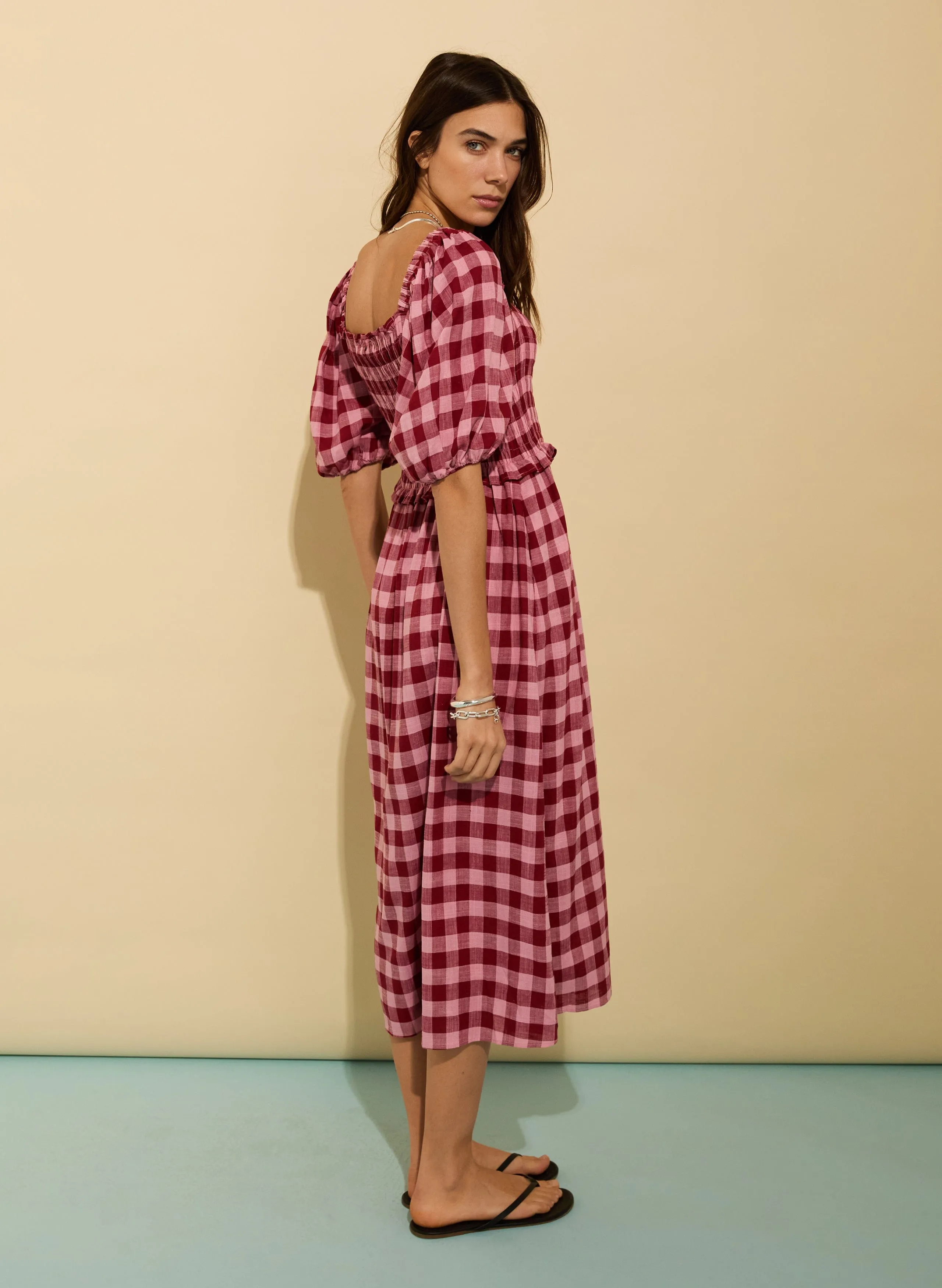 Davina Viscose & Linen Gingham Midi Dress | Pink & Burgundy Gingham