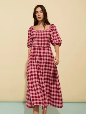 Davina Viscose & Linen Gingham Midi Dress | Pink & Burgundy Gingham