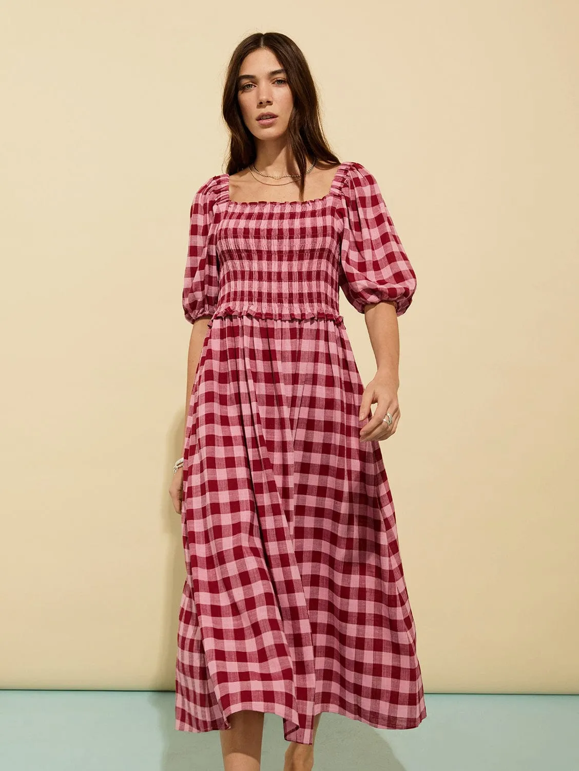 Davina Viscose & Linen Gingham Midi Dress | Pink & Burgundy Gingham