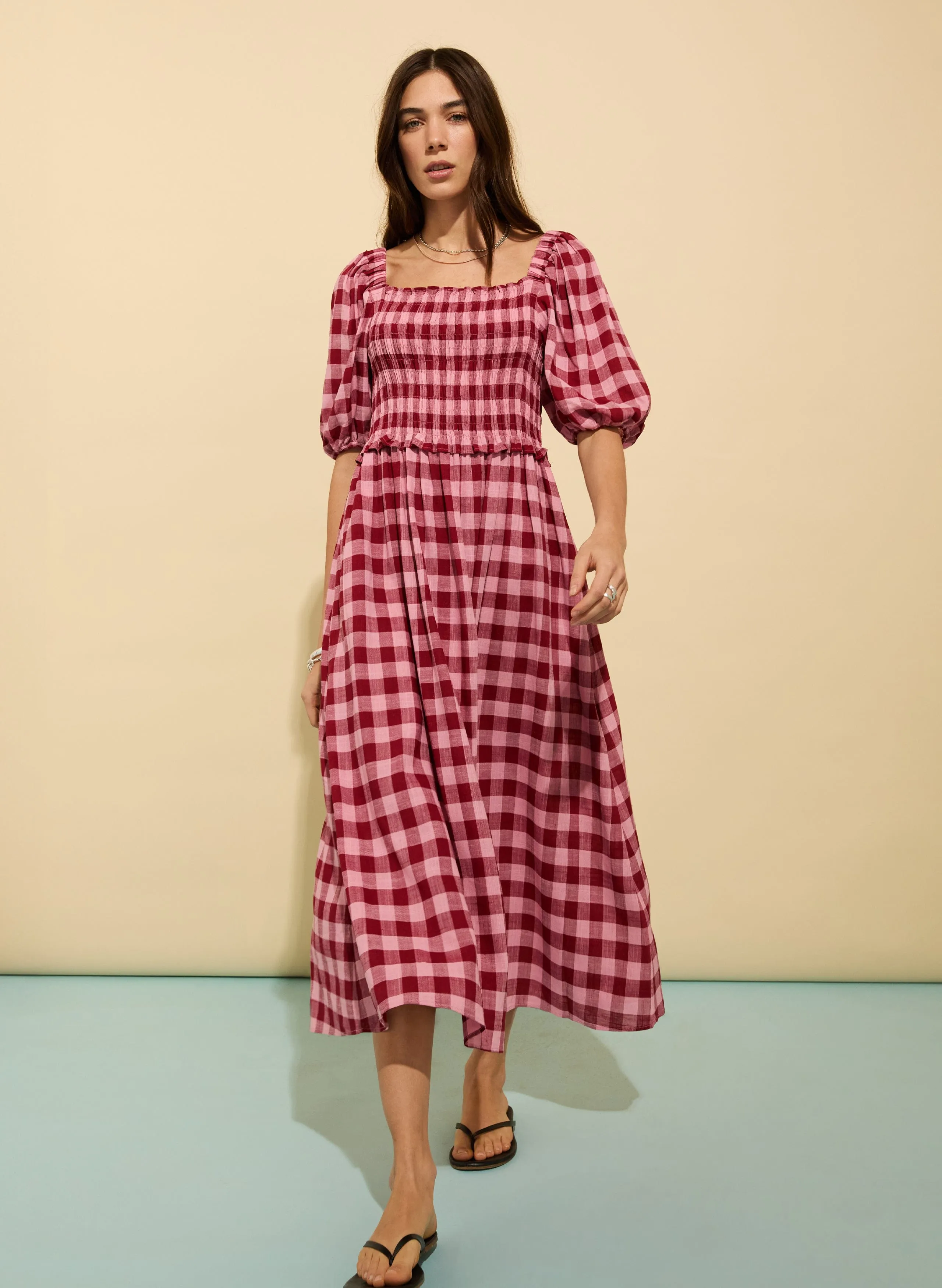 Davina Viscose & Linen Gingham Midi Dress | Pink & Burgundy Gingham