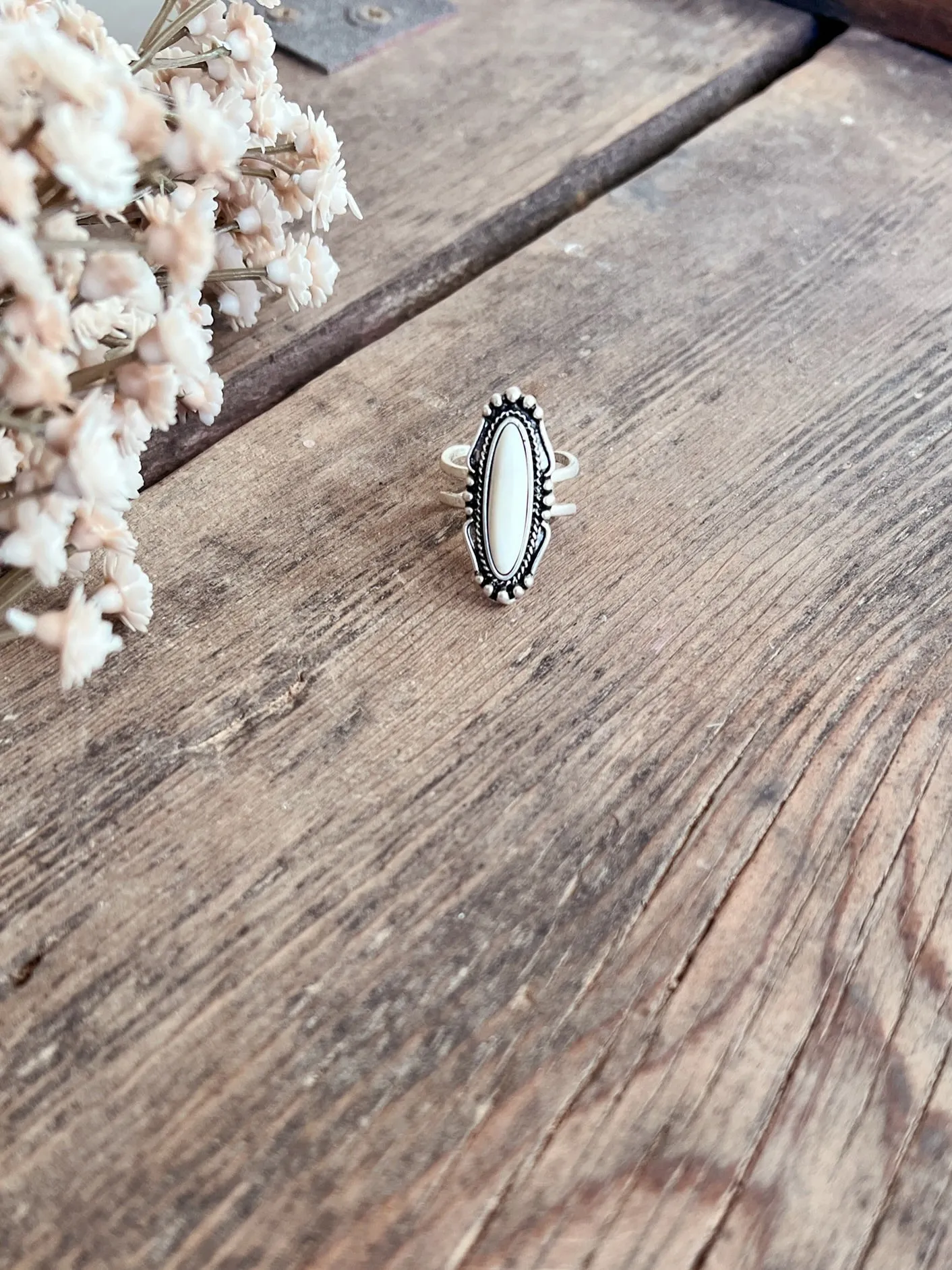 White Turquoise Oval Adjustable Ring