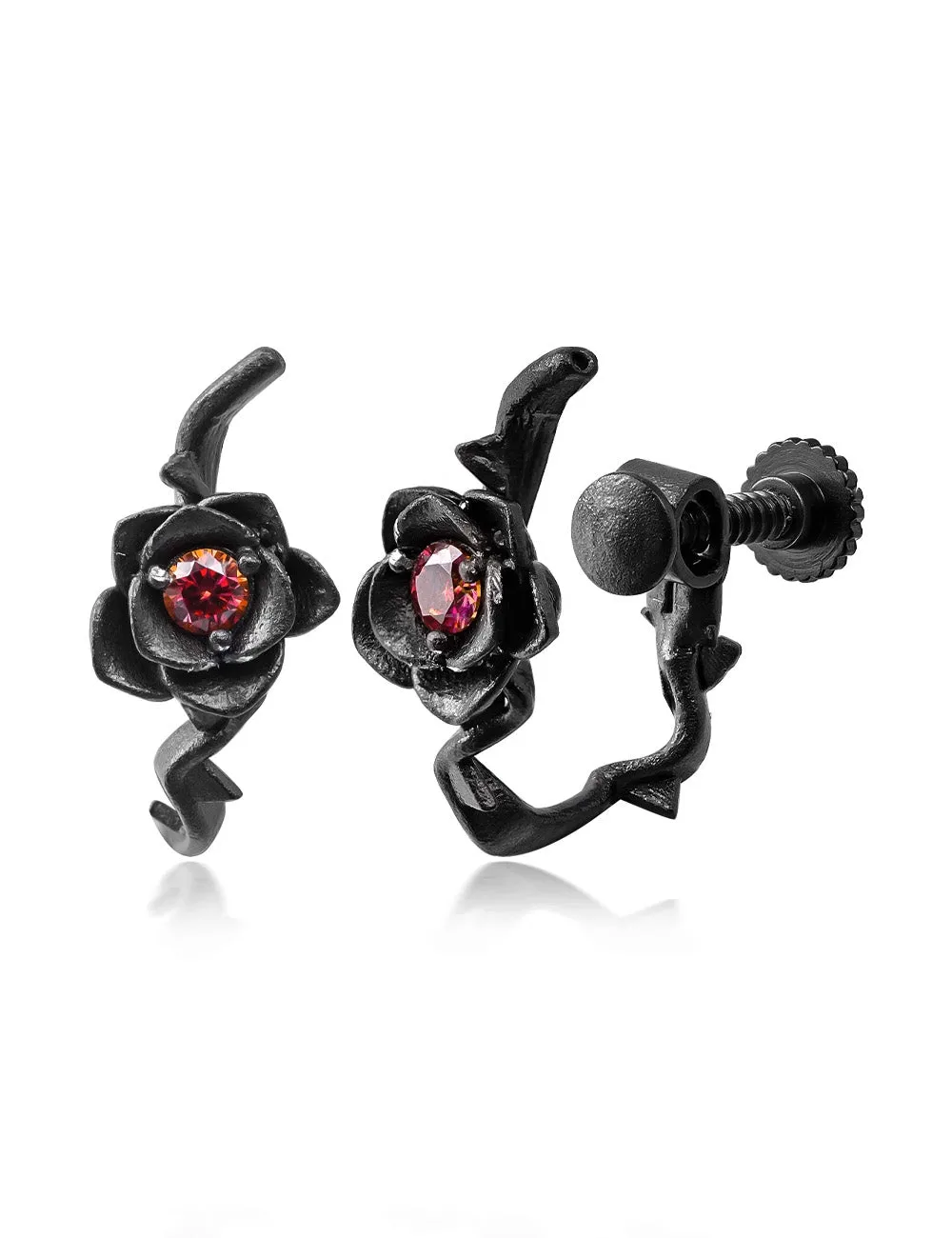 WIC Thorn Rose Red Moissanite Screw Ear Clips.