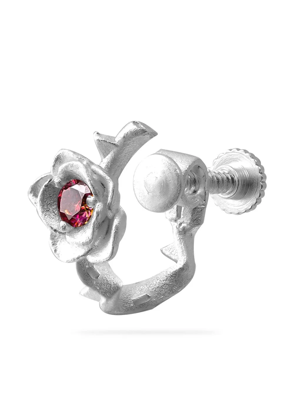 WIC Thorn Rose Red Moissanite Screw Ear Clips.