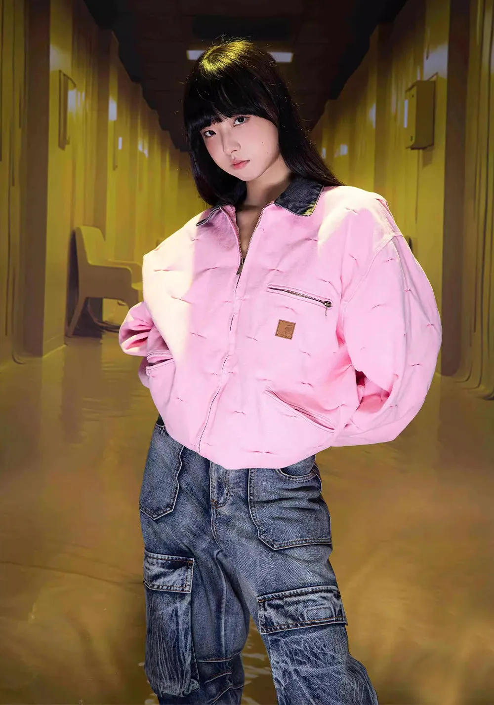 ZOZOKILLA - J97 Pink Pleated Jacket with Bear - ear Collar